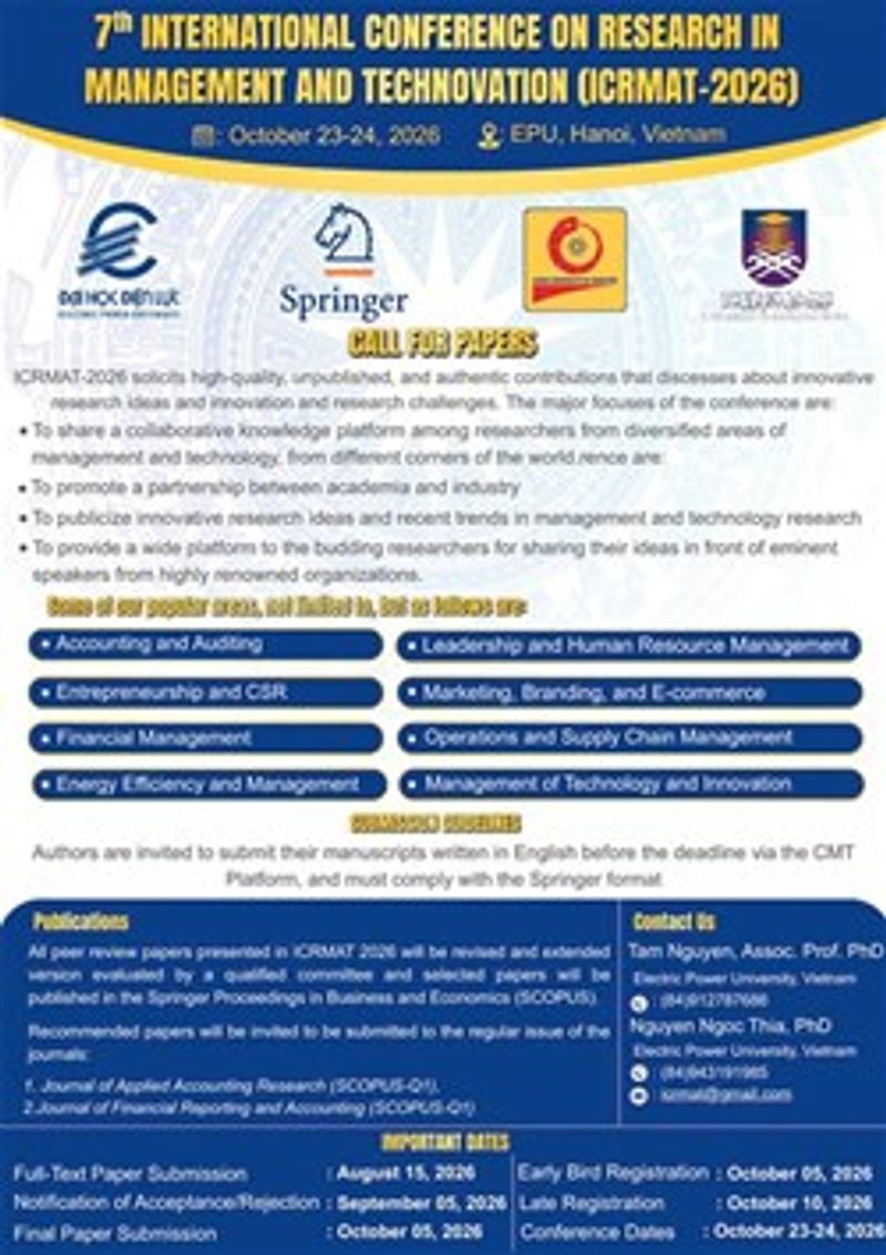 Hội thảo khoa học quốc tế lần thứ 7: Nghiên cứu về Quản lý và Đổi mới công nghệ 2026 (The 7th International Conference on Research in Management and Technovation, 2026 - ICRMAT 2026)